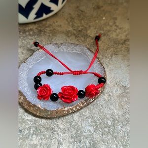 Red Rose Black Beaded Slide Bracelet
